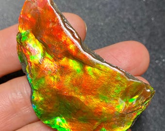 May include: A vibrant, iridescent gemstone with a spectrum of colors including red, orange, yellow, and green. The polished surface of the stone reflects light, creating a shimmering effect. The stone has a rough, natural edge.