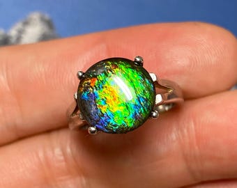 Anillo de ammolita con piedras preciosas de color arcoíris, plata de ley, gemas arcoíris, joyería de moda, múltiples opciones