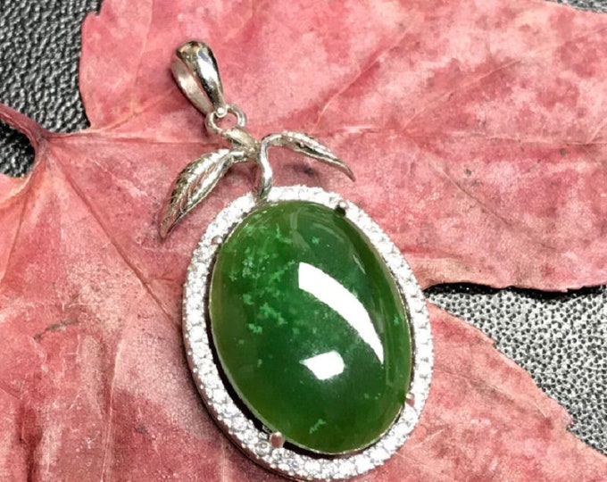 Jade Pendent Natural Nephrite Jade Sterling Silver 32X19 mm #1122
