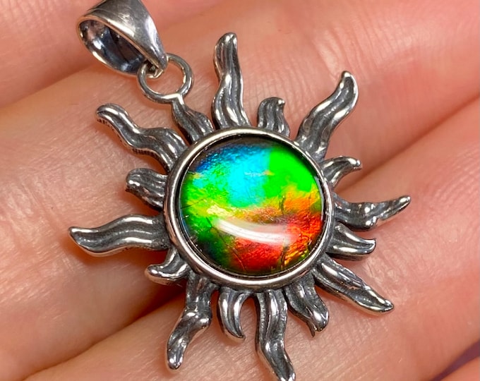 Canadian Ammolite Pendant Rainbow Color Sterling Silver 22 mm Gift #2832-18