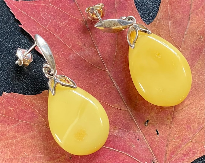 Baltic Natural Amber Silver Earrings 35X16 mm #1232-1
