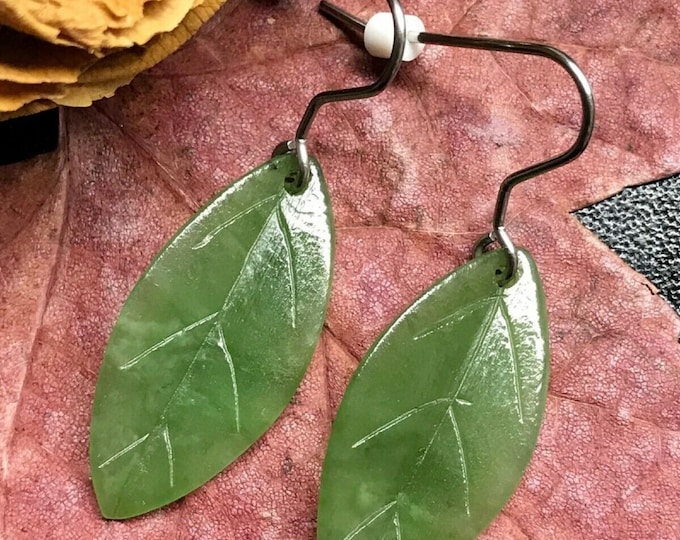 Jade Earrings Natural Canadian Nephrite High Quality Green Jade Leaf Earrings 27X13 mm #E1095