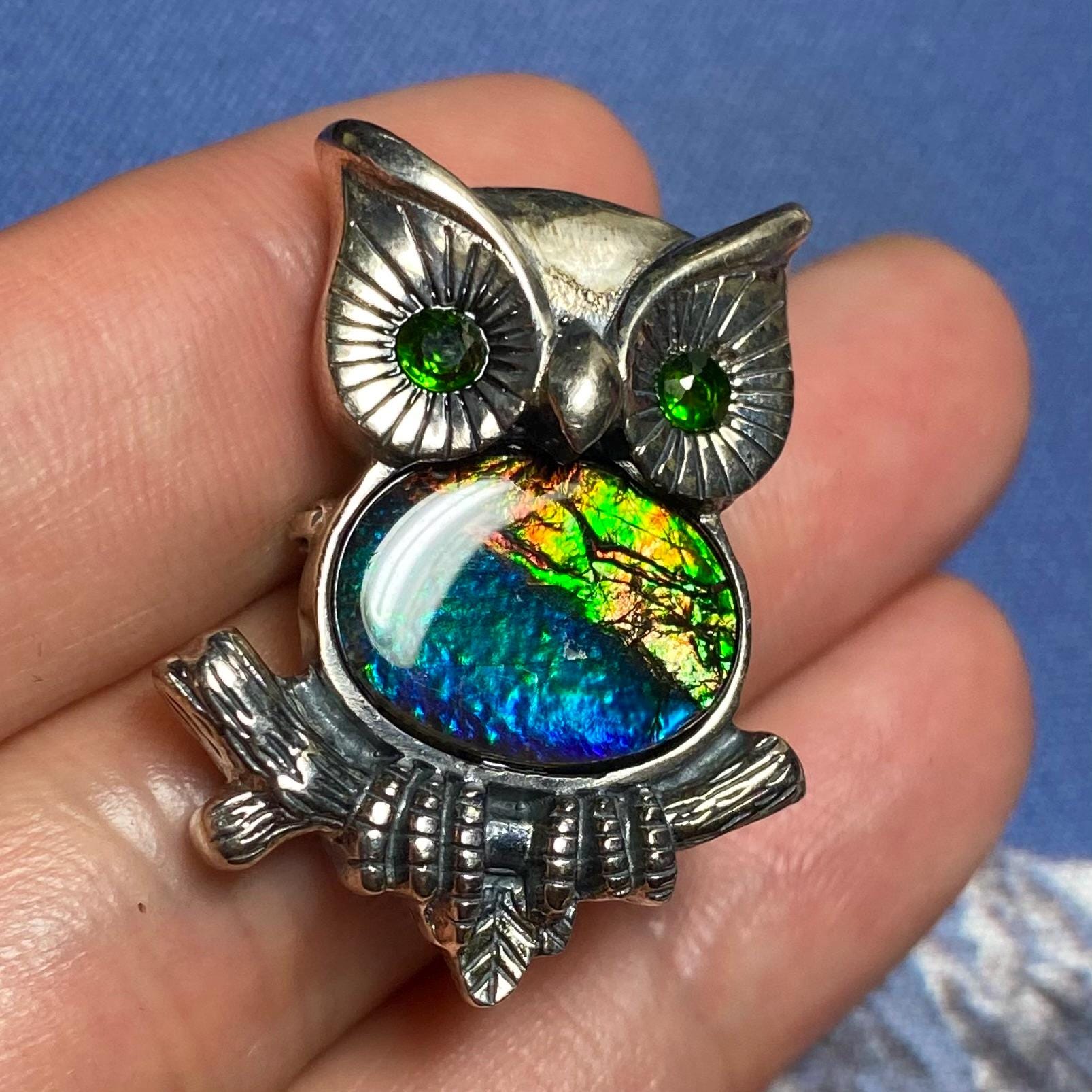 Vintage Style Silver Owl with Genuine Ammolite - Dual Use Pendant & Brooch 31X24 mm  #3030-19