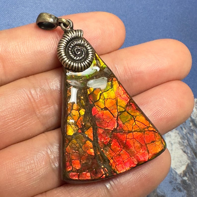 May include: A triangular pendant featuring a polished ammolite gemstone with a vibrant mosaic of red, orange, and yellow iridescent colors. The pendant is topped with a silver-toned metal bail shaped like a spiraled ammonite fossil shell.