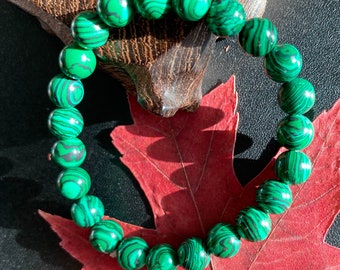 Natural Malachite Bracelet - Green Swirl Pattern Round Bead Stretch Bracelet Genuine Stone Jewelry 8 mm Beads #259