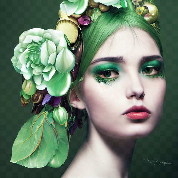 Vegetal Woman Fashion Illustration – Floral Headdress Lady Portrait – Flower Head Art – Green Leaves Gems Floral Portrait – DIGITAL DOWNLOAD