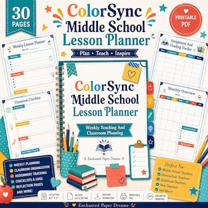 Middle School Lesson Planner Weekly Assignment Tracker Printable PDF | ColorSync Teacher Binder Homeschool
