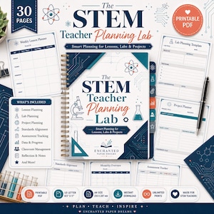 May include: A spiral-bound STEM teacher planning lab book with a dark blue and white cover featuring science icons. Includes printable pages for lesson, lab, and project planning, assessment tracking, and classroom management in A4 210 x 297 mm format.