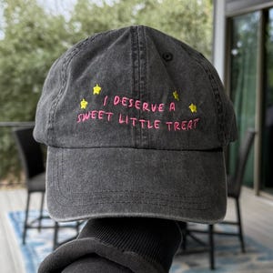 Sweet Little Treat Embroidered Dad Hat: Washed Black Cotton Cap - Vintage Baseball Cap - Viral Meme Phrase - Unstructured Cotton Hat
