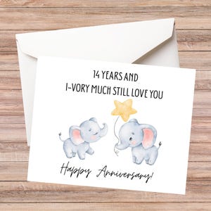 Carte d'anniversaire éléphant, cadeau d'anniversaire ivoire, 14e anniversaire de mariage, carte d'amour unique