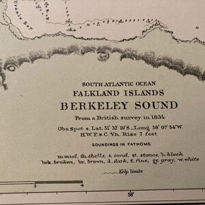 Map of Falkland Islands Berkeley Sound 21" x 30" soundings chart.