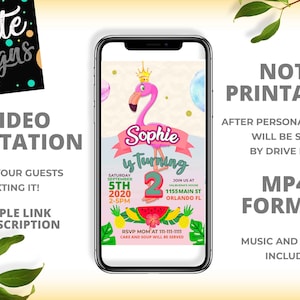 Puede incluir: Una invitación de video para un segundo cumpleaños con un flamenco rosa con una corona. La invitación es para la fiesta de cumpleaños de Sophie, el 5 de septiembre de 2020, de 2 a 5 pm. La fiesta se llevará a cabo en Valente's House, 1155 Main St, Orlando, FL. RSVP a mamá al 111-111-1111. Se servirá pastel y sopa.