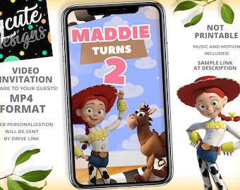 May include: A digital video invitation for a birthday party. The invitation features a cartoon image of a girl dressed as Jessie from Toy Story. The text on the invitation reads "Maddie Turns 2".