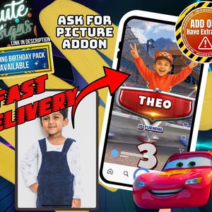 May include: A digital invitation template featuring a child in a race car suit, the name THEO, the number 3, and a red race car. Text includes ASK FOR PICTURE ADDON, MATCHING BIRTHDAY PACK AVAILABLE, FAST DELIVERY, and ADD ONS Have Extra Fee.