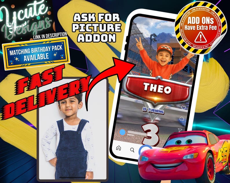 May include: A digital invitation template featuring a child in a race car suit, the name THEO, the number 3, and a red race car. Text includes ASK FOR PICTURE ADDON, MATCHING BIRTHDAY PACK AVAILABLE, FAST DELIVERY, and ADD ONS Have Extra Fee.