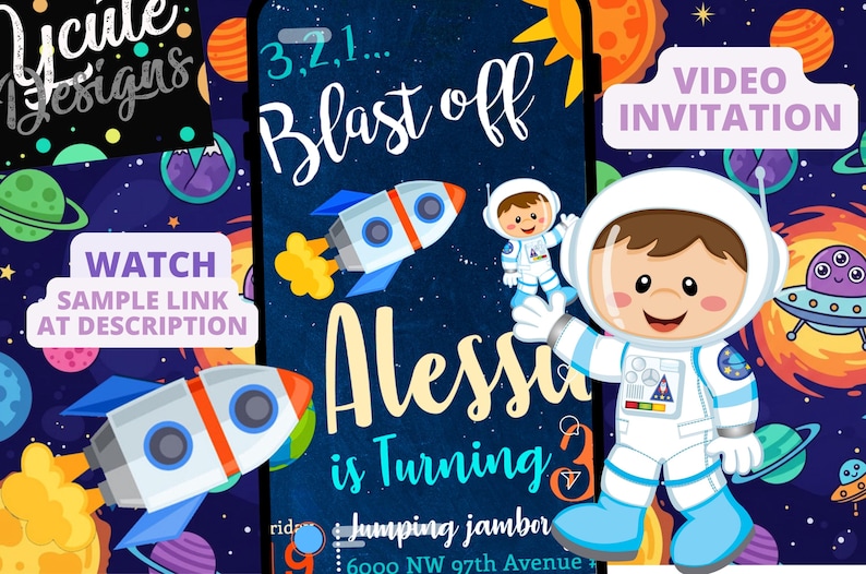 Space Astronaut Birthday Party Animated Video Invitation | Personalized Same Day image 1