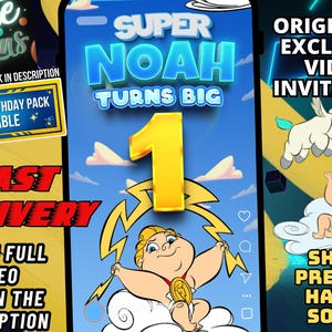 以下が含まれることがあります： 「SUPER NOAH TURNS BIG」の文字と数字「1」が入ったデジタル誕生日招待状。雷を抱える漫画の赤ちゃん、ペガサス、雲の背景が特徴です。「ORIGINAL & EXCLUSIVE VIDEO INVITATION」の文字が含まれています。