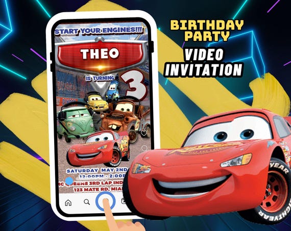 Cars Birthday Party Animated Video Invitation | Race Car | Personalized Same Day