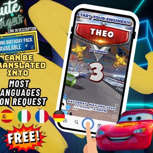 May include: A digital birthday invitation displayed on a smartphone screen featuring a race car theme with the text START YOUR ENGINES, THEO IS TURNING 3, and the date SATURDAY MAY 2ND 2026 12:00PM - 2:00PM, accompanied by a red race car graphic.