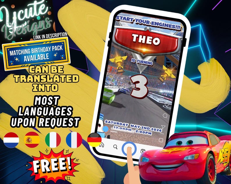 May include: A digital birthday invitation displayed on a smartphone screen featuring a race car theme with the text START YOUR ENGINES, THEO IS TURNING 3, and the date SATURDAY MAY 2ND 2026 12:00PM - 2:00PM, accompanied by a red race car graphic.