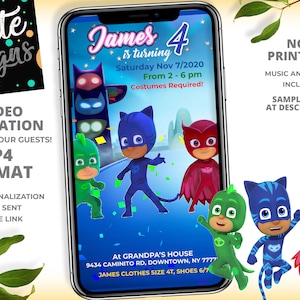 Pj Masks Birthday Party Video Invitation, Pj Masks Birthday Invitation, Super Heroe Birthday Party Invitation, See full demo on details