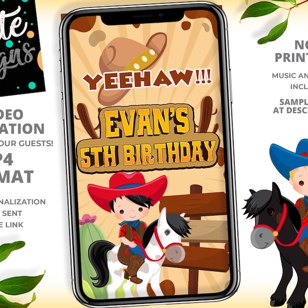 Cowboy Birthday Invitation, Video Animated Invitation, Cowboy Party, Wild West Video Invitation Party