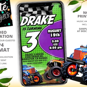 Monster Truck Birthday Party Video Invitation , Boy Invitation, Monster Truck Party