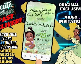 May include: A digital baby shower invitation displayed on a smartphone screen featuring a green watercolor background, an illustration of a baby in a green dress, and text reading Please Join us for a Baby Shower honoring Charlotte Anderson.