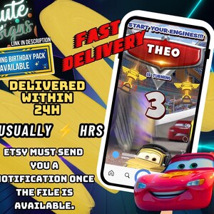 May include: A digital birthday invitation template featuring a smartphone screen displaying a race car theme with the text START YOUR ENGINES, THEO IS TURNING 3, and images of red and yellow race cars with golden trophies on a racetrack background.