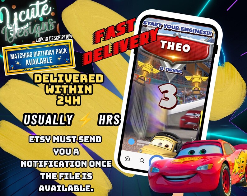 May include: A digital birthday invitation template featuring a smartphone screen displaying a race car theme with the text START YOUR ENGINES, THEO IS TURNING 3, and images of red and yellow race cars with golden trophies on a racetrack background.