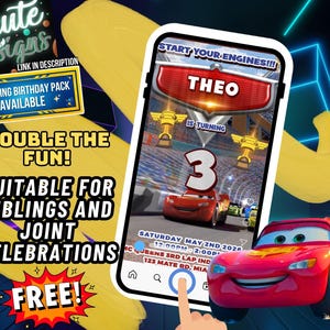 May include: A digital birthday invitation displayed on a smartphone screen featuring a red race car, the text START YOUR ENGINES, the name THEO, the number 3, and event details including Saturday May 2nd 2026, 12:00PM-2:00PM, and 123 Mate Rd, Miami.