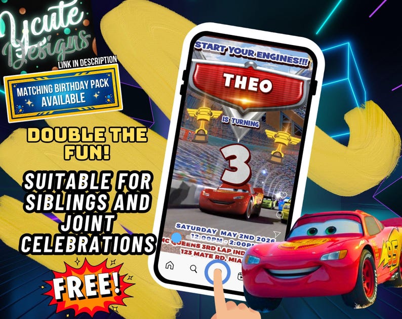 May include: A digital birthday invitation displayed on a smartphone screen featuring a red race car, the text START YOUR ENGINES, the name THEO, the number 3, and event details including Saturday May 2nd 2026, 12:00PM-2:00PM, and 123 Mate Rd, Miami.