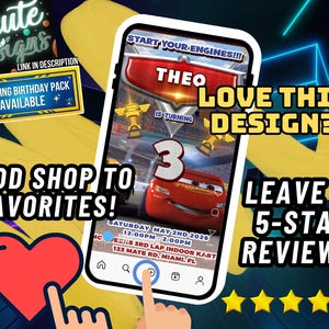 May include: A digital birthday invitation displayed on a smartphone screen featuring a red race car, the name THEO, the number 3, and event details including Saturday May 2nd 2026, 12:00PM-2:00PM at McQueens 3rd Lap Indoor Kart, 123 Mate Rd, Miami, FL.
