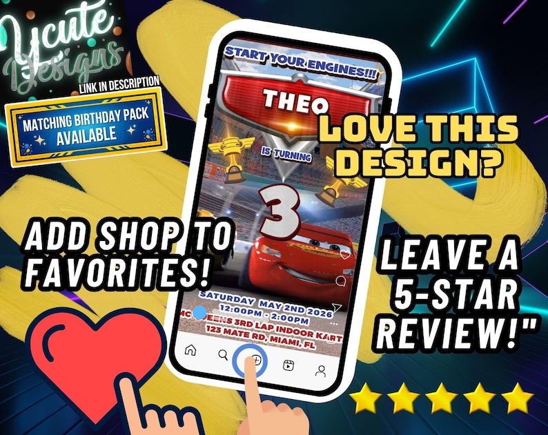 May include: A digital birthday invitation displayed on a smartphone screen featuring a red race car, the name THEO, the number 3, and event details including Saturday May 2nd 2026, 12:00PM-2:00PM at McQueens 3rd Lap Indoor Kart, 123 Mate Rd, Miami, FL.
