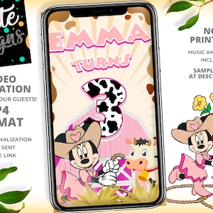 Minnie Cowgirl Birthday Invitation, Animated Invitation, Minnie Cowgirl Party, Minnie Birthday Party Invitation, Girl Party.  See FULL DEMO