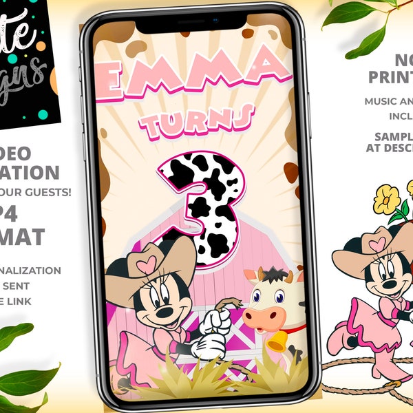 Minnie Cowgirl Birthday Invitation, Video Animated Invitation, Minnie Cowgirl Party, Minnie Birthay Party Video Invitation, Girl Party