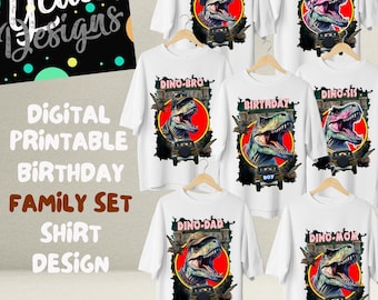 Digitaal dinosaurusontwerp voor familieset verjaardagsshirts | Overdrachtontwerp