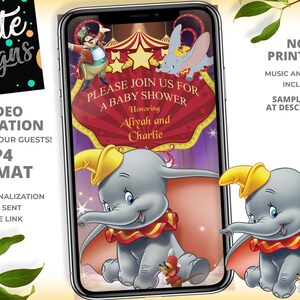 May include: A digital video invitation for a baby shower with a circus theme. The invitation features a cartoon image of Dumbo the elephant, a red and gold circus tent, and the text "Please join us for a baby shower honoring Aliyah and Charlie".