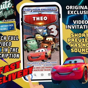 May include: A digital video invitation for a birthday party featuring animated car characters. The screen displays the text START YOUR ENGINES, THEO IS TURNING 3, SATURDAY MAY 2ND 2026, 12:00PM-2:00PM, and 3 MATE RD, MIAMI. A red race car is shown.