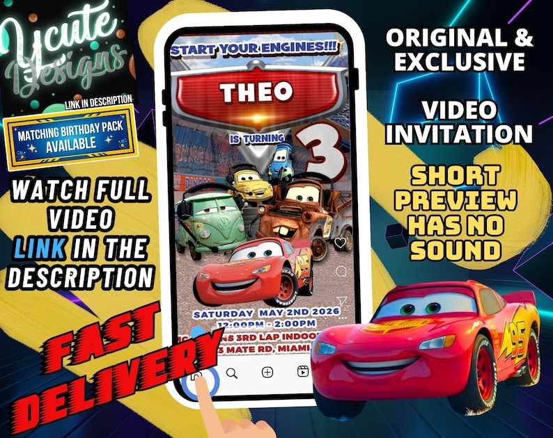 May include: A digital video invitation for a birthday party featuring animated car characters. The screen displays the text START YOUR ENGINES, THEO IS TURNING 3, SATURDAY MAY 2ND 2026, 12:00PM-2:00PM, and 3 MATE RD, MIAMI. A red race car is shown.