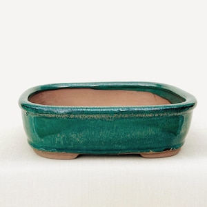Può includere: Un vaso rettangolare per bonsai con un esterno smaltato in verde smeraldo brillante e un interno e una base in terracotta naturale non smaltata. Il contenitore presenta angoli arrotondati e un bordo spesso e liscio.