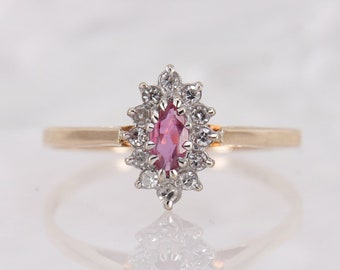 Pink Sapphire & Diamond Ring, Vintage Ring, 9k Yellow Gold, Ruby Engagement Ring, Size UK R US 8.5 EUR 59