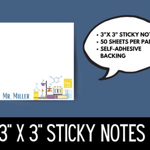 May include: A pack of 3" x 3" sticky notes with a science theme. The notes feature a colorful illustration of a chemistry lab with beakers, flasks, and a periodic table. The text "MR. MILLER" is printed at the bottom of the notes. The notes are self-adhesive and come in a pack of 50 sheets.