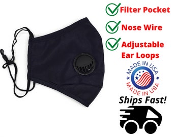 Adult Face Masks with Vent, Filter Pocket, and Nose Wire | Made in USA | Black | 100% Cotton, Washable | Adjustable Ear Loops | Glasses