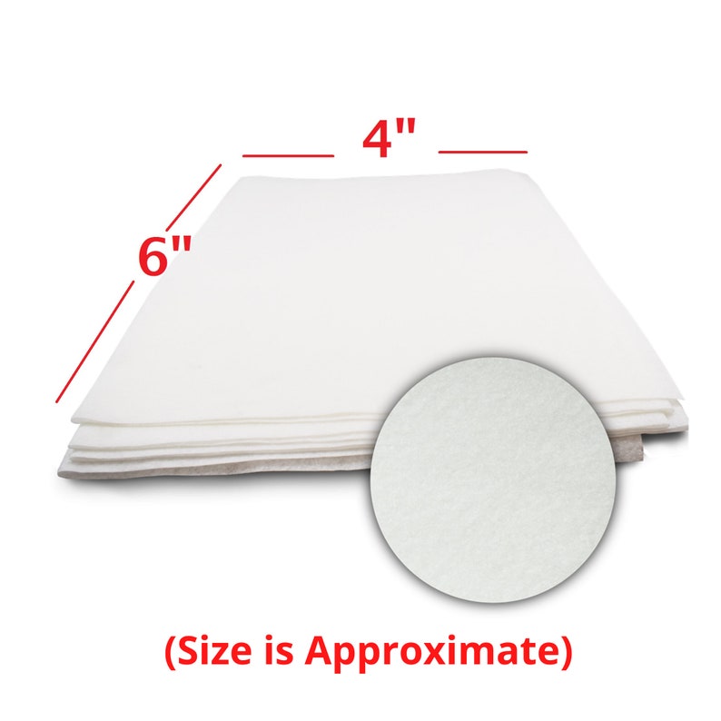 May include: A stack of white felt pads, each measuring 4 inches by 6 inches. The pads are shown folded in half, with a close-up of the texture of the felt.