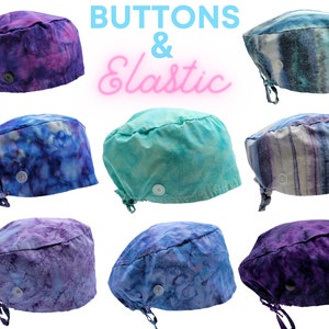 Scrub Caps w/ Elastic & Buttons | Surgical Cap Medical Doctor Nurse Hat | Made in USA | 100% Organic Cotton | Washable Reusable | One Size