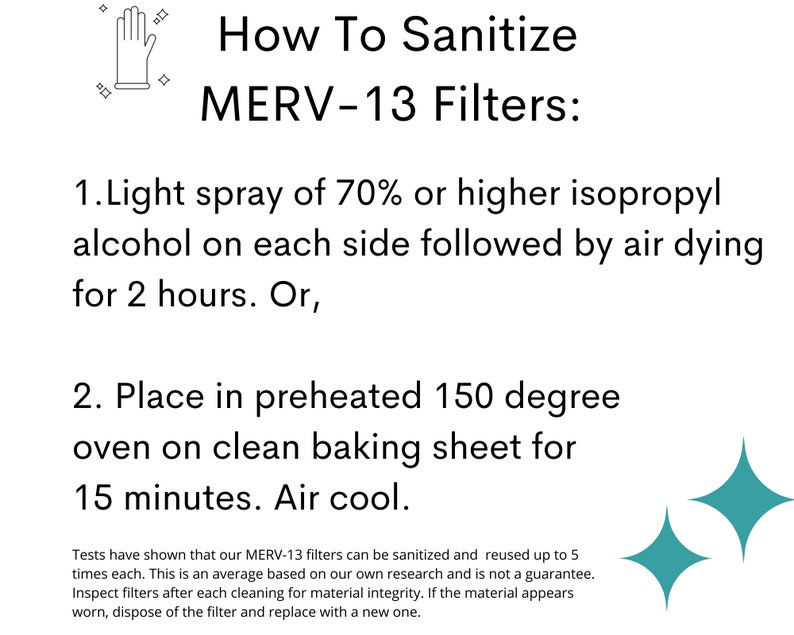 May include: Instructions on how to sanitize MERV-13 filters using isopropyl alcohol or a preheated oven. The text states that the filters can be sanitized and reused up to 5 times each.