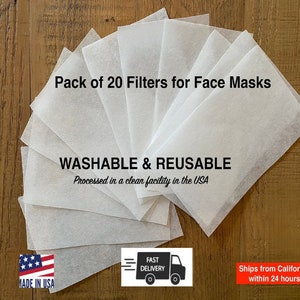 Face Mask Filters 20-Pack | USA Made | Pocket Inserts For Masks - Universal, Reusable, Washable Material | No Fiberglass