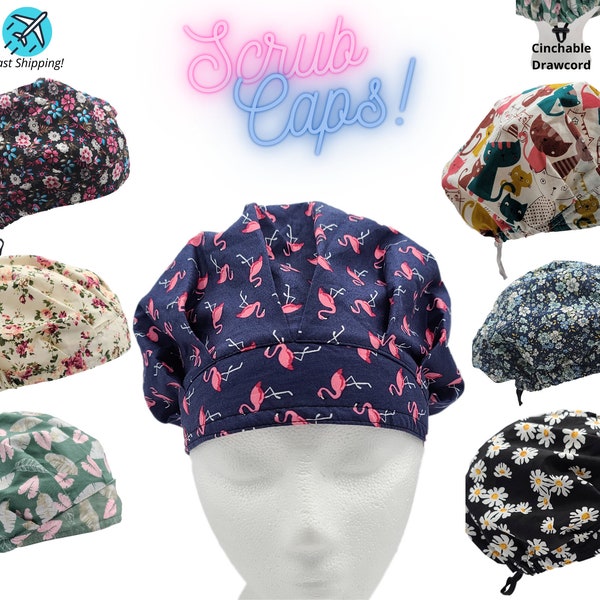 Bouffant Scrub Caps w/ Elastic | One Size | Adjustable Toggle in Rear | Surgical Cap Medical Doctor Nurse | Made in USA | Washable Reusable
