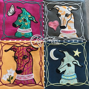 May include: Four embroidered squares featuring a stylized greyhound dog in different colors and patterns. Each square has a different background color and a decorative border. The top left square is pink with a teal dog, the top right square is grey with a yellow and white dog, the bottom left square is yellow with a pink and orange dog, and the bottom right square is blue with a teal dog.